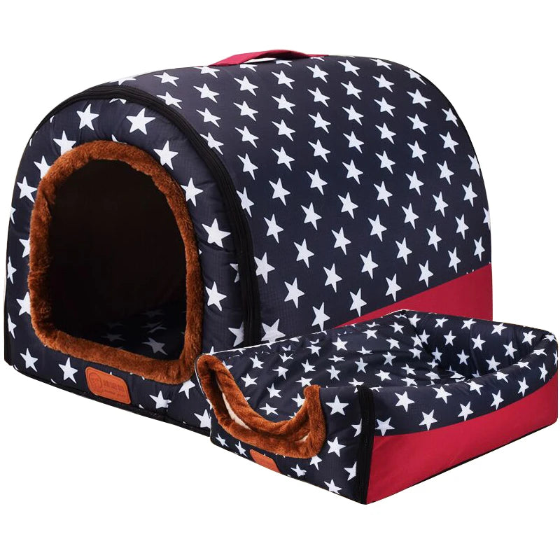 Warm Foldable Dog House with Star Print - Comfortable Kennel Mat