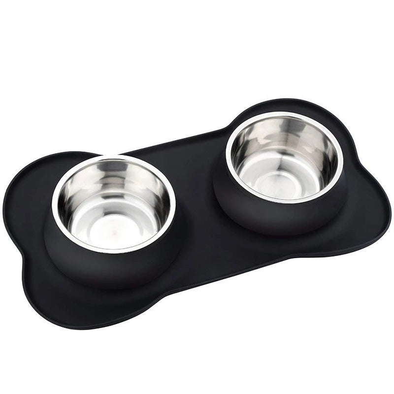 Stainless Steel Double Dog Bowl with Anti-Slip Silicone Mat