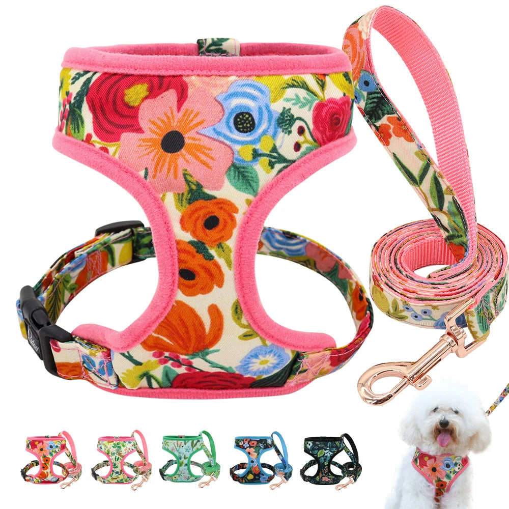 Floral Dog Harness & Leash Set - Adjustable Forest Print for All Dog Sizes