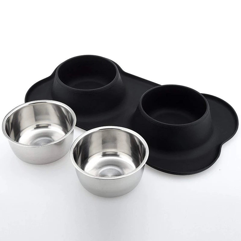 Stainless Steel Double Dog Bowl with Anti-Slip Silicone Mat