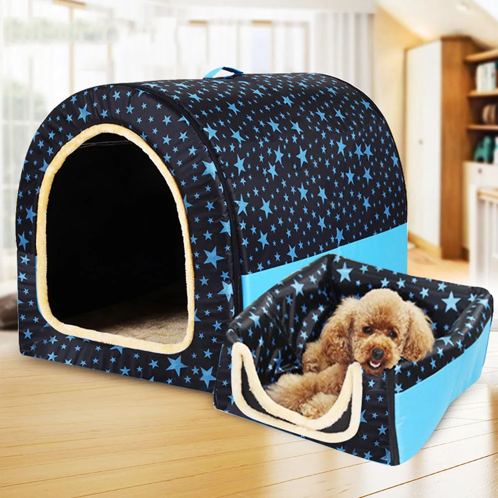 Warm Foldable Dog House with Star Print - Comfortable Kennel Mat