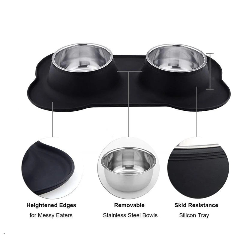 Stainless Steel Double Dog Bowl with Anti-Slip Silicone Mat