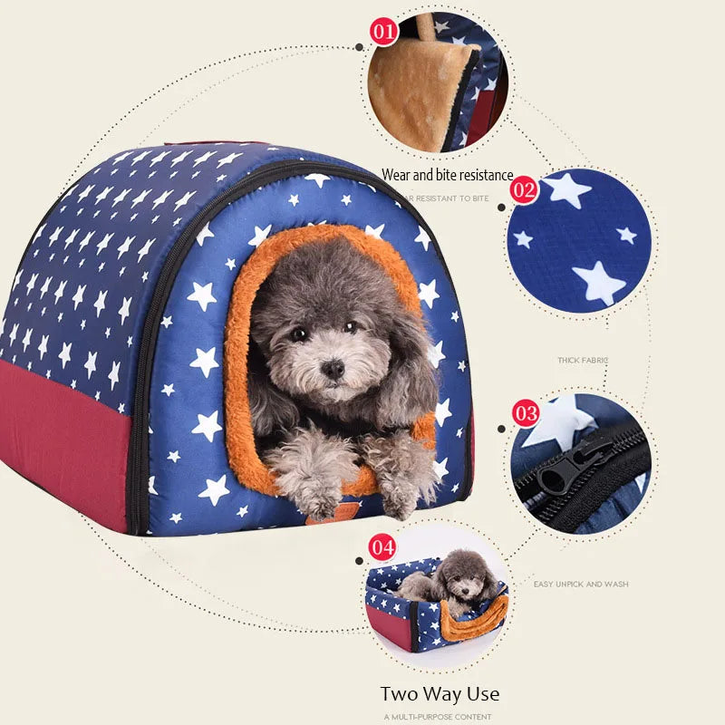 Warm Foldable Dog House with Star Print - Comfortable Kennel Mat