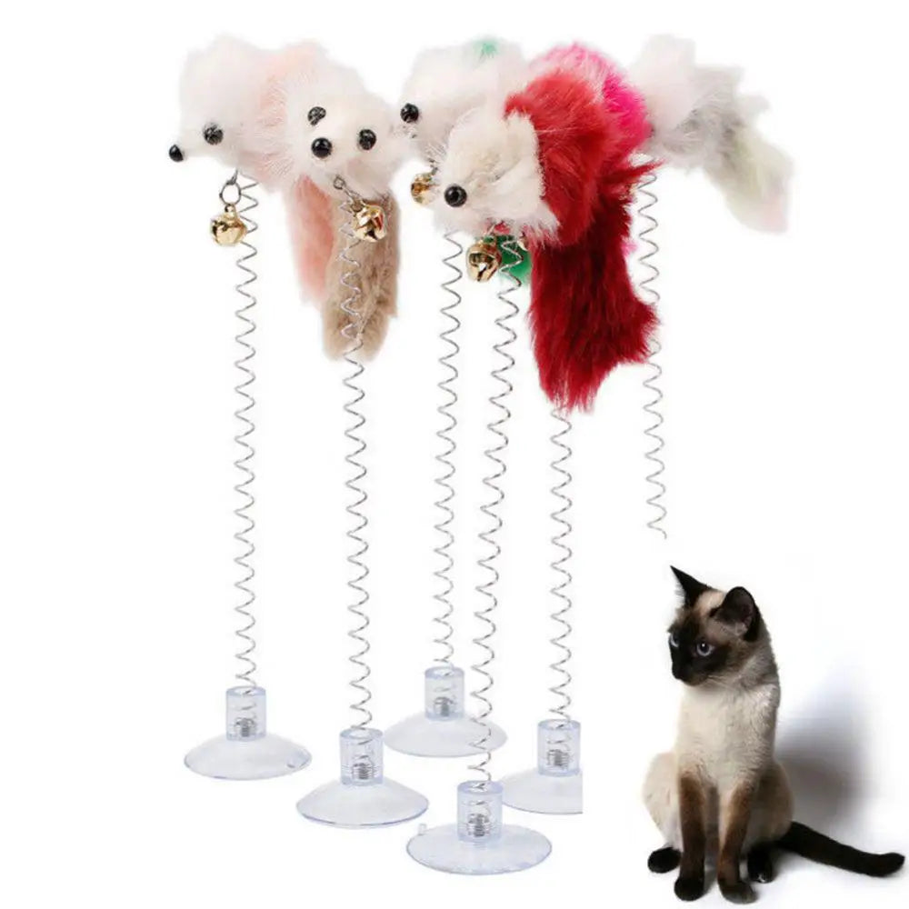 Feather Cat Toy - Spring Mouse Teaser with Bell & Suction Cup