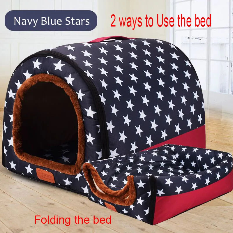 Warm Foldable Dog House with Star Print - Comfortable Kennel Mat