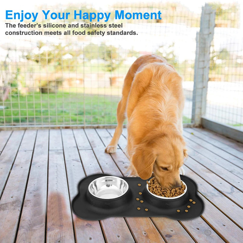 Stainless Steel Double Dog Bowl with Anti-Slip Silicone Mat