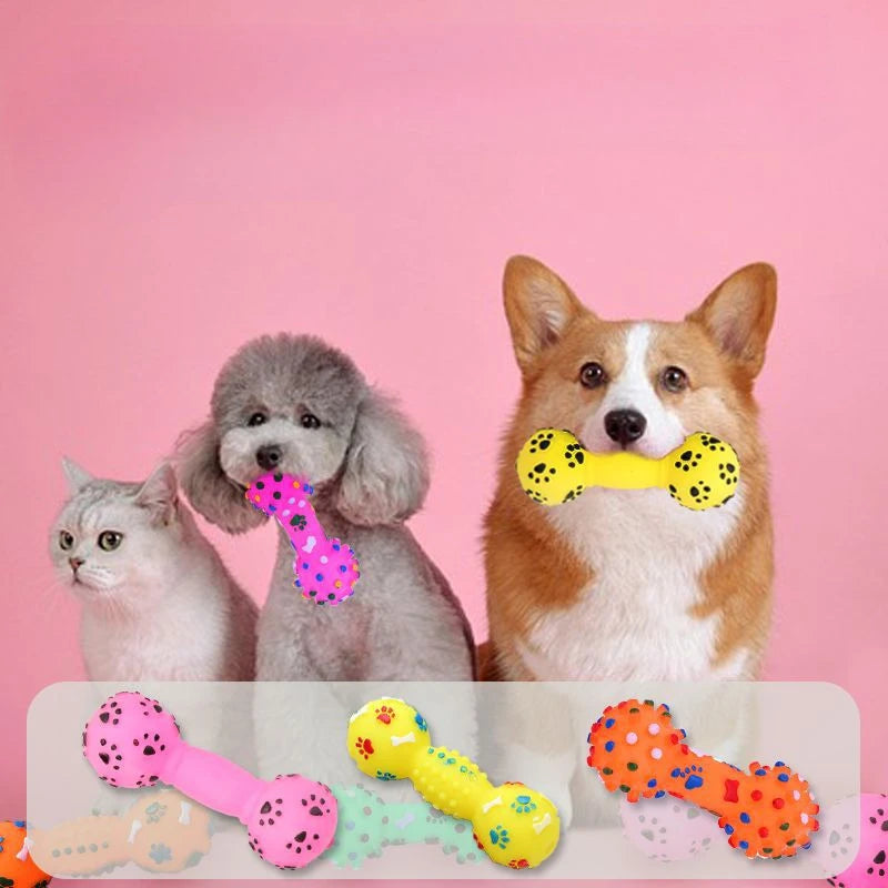 Paw Print Dumbbell Dog Chew Toy - Squeaky Teeth Cleaning Non-Toxic PVC