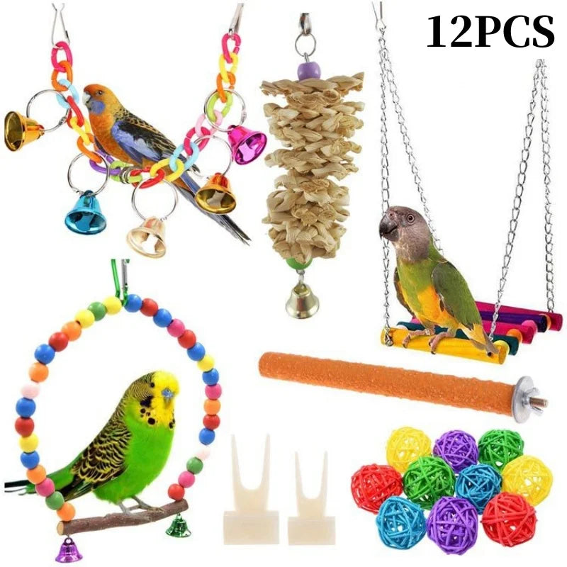 Colorful Wooden Parrot Swing with Bell - Cockatiel Training & Play Toy