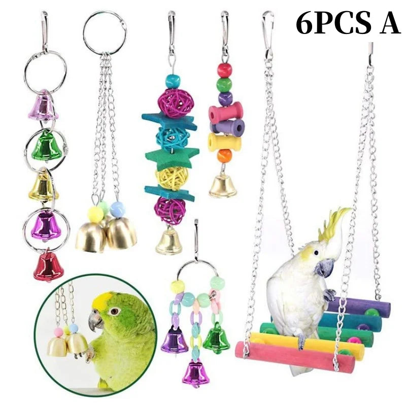 Colorful Wooden Parrot Swing with Bell - Cockatiel Training & Play Toy