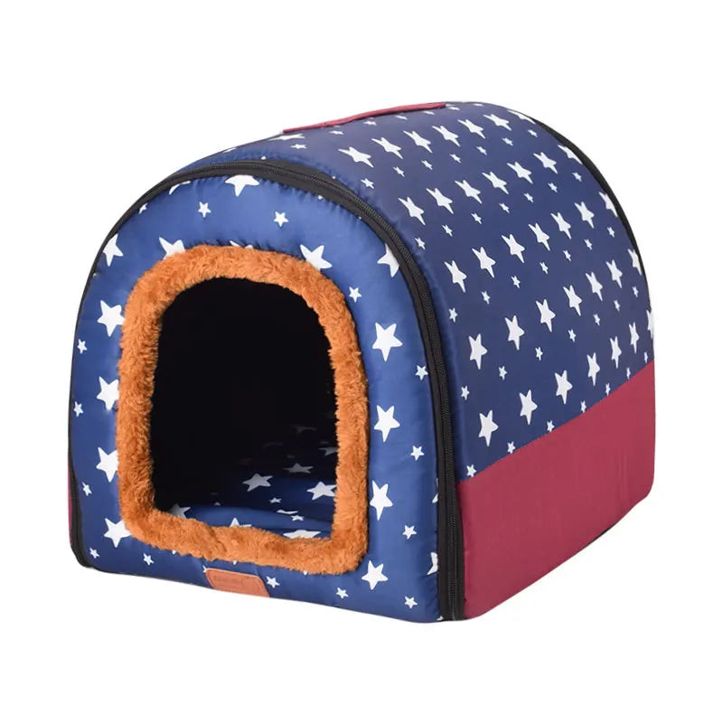 Warm Foldable Dog House with Star Print - Comfortable Kennel Mat