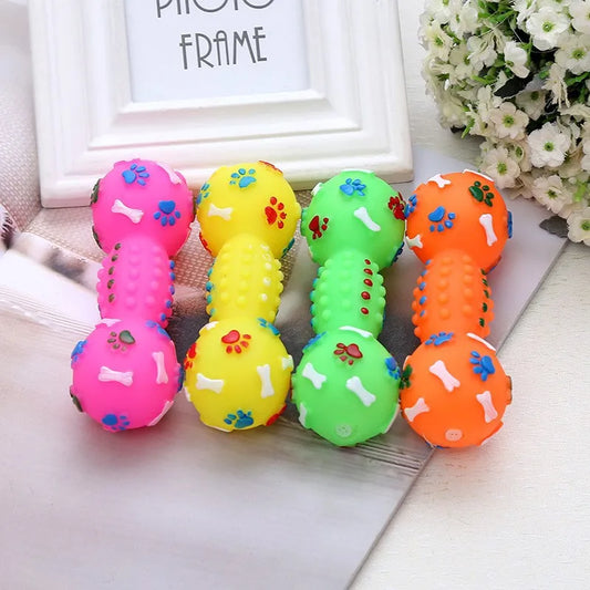 Paw Print Dumbbell Dog Chew Toy - Squeaky Teeth Cleaning Non-Toxic PVC
