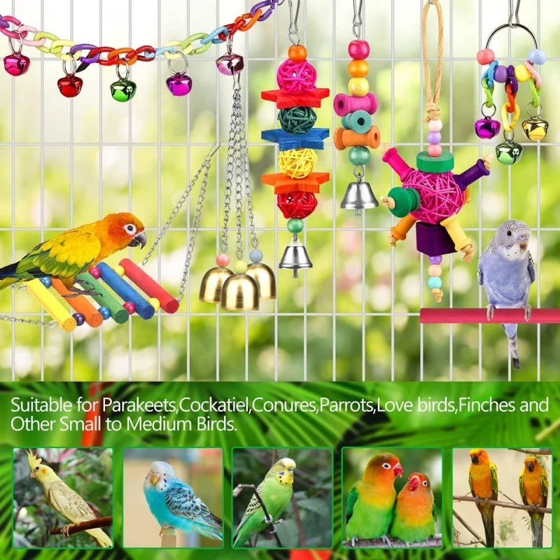 Colorful Wooden Parrot Swing with Bell - Cockatiel Training & Play Toy