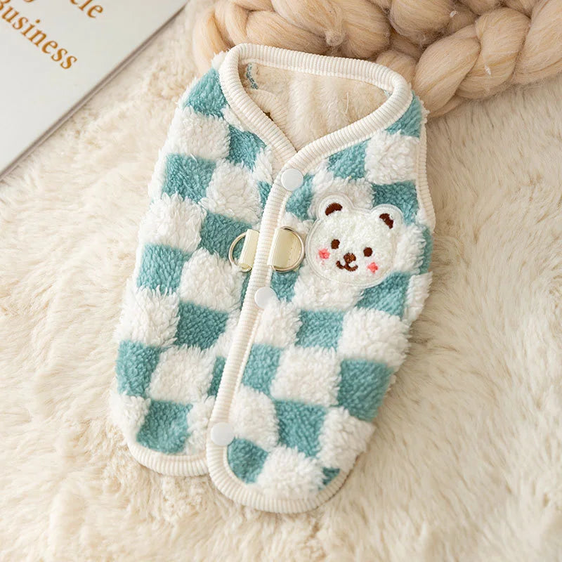 Plush Bear Print Dog Sweater - Winter Button Jacket for Small Dogs