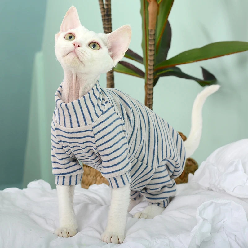 Sphynx Cat Striped Turtleneck Sweater - Warm Cotton Hoodie for Hairless Cats