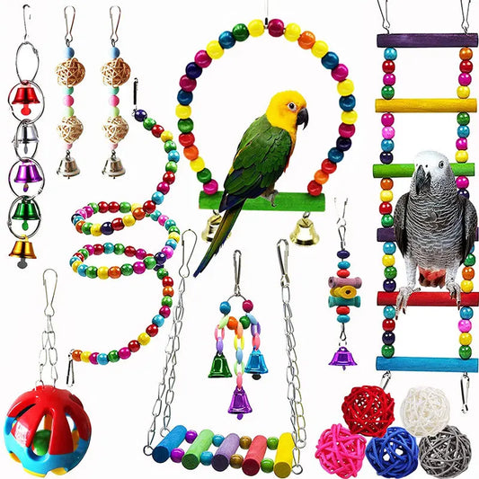 Colorful Wooden Parrot Swing with Bell - Cockatiel Training & Play Toy