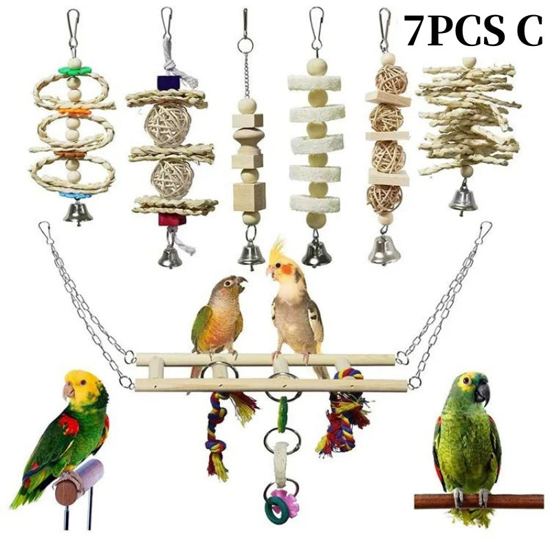 Colorful Wooden Parrot Swing with Bell - Cockatiel Training & Play Toy