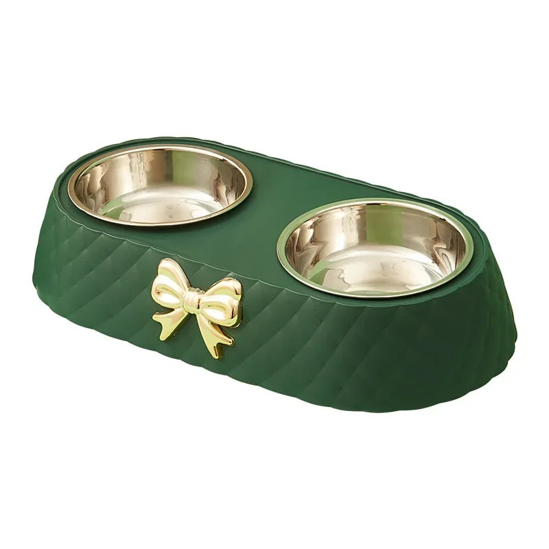 Double Pet Food Bowl with Bow Tie Design - Dog & Cat Feeding Station