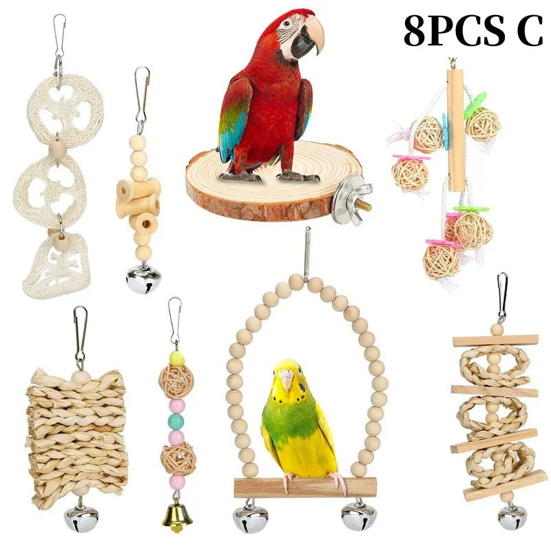 Colorful Wooden Parrot Swing with Bell - Cockatiel Training & Play Toy