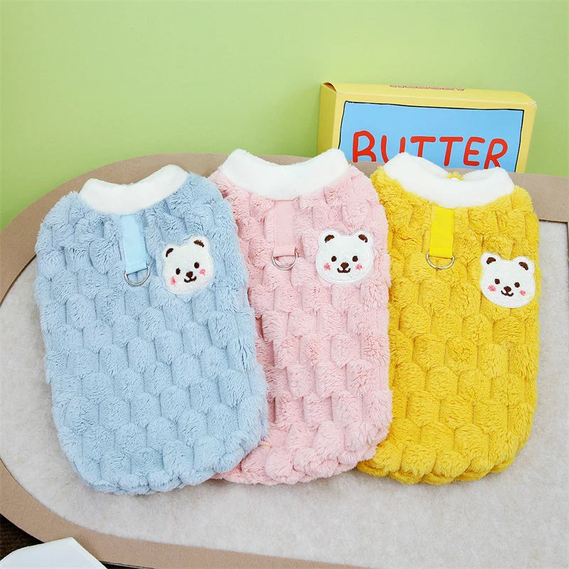 Plush Bear Print Dog Sweater - Winter Button Jacket for Small Dogs