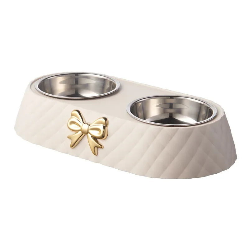 Double Pet Food Bowl with Bow Tie Design - Dog & Cat Feeding Station