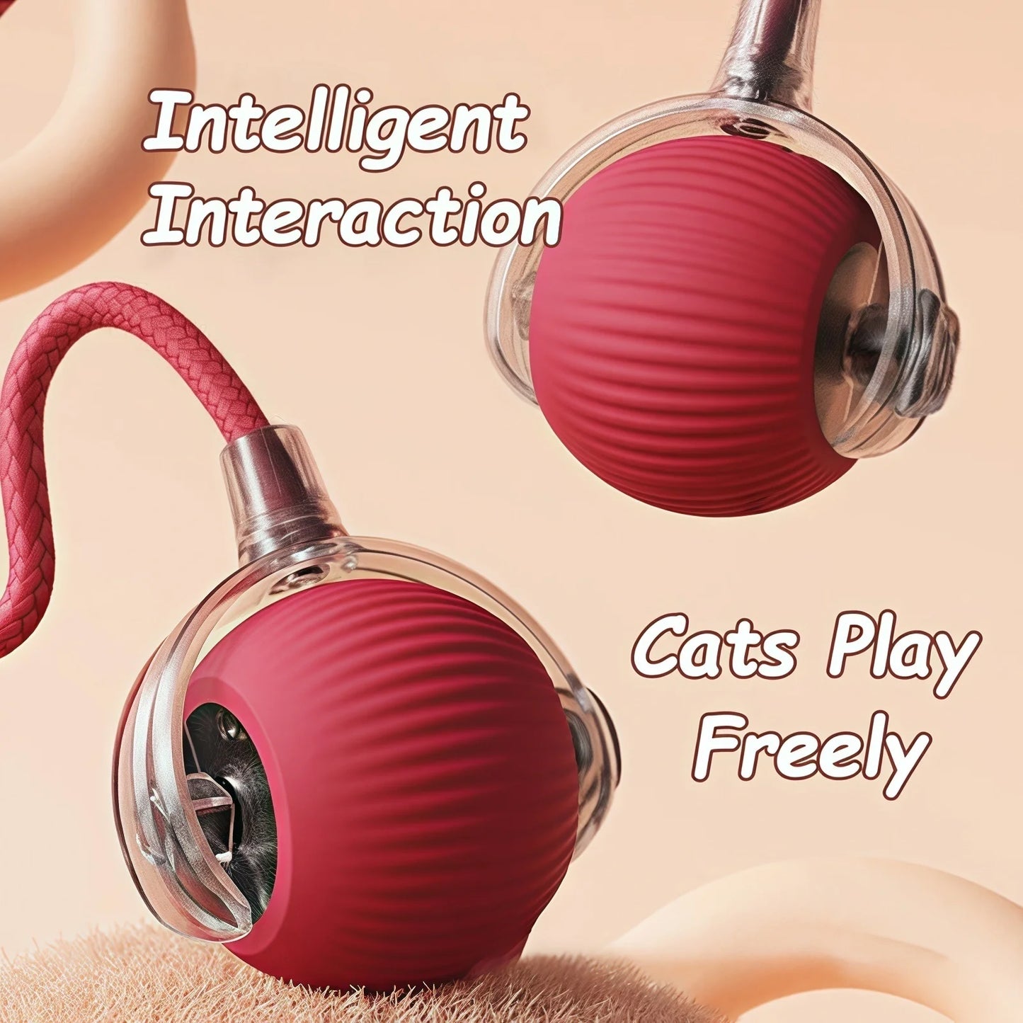Smart Interactive Cat Ball with Faux Tail - Rechargeable Auto-Rolling Toy