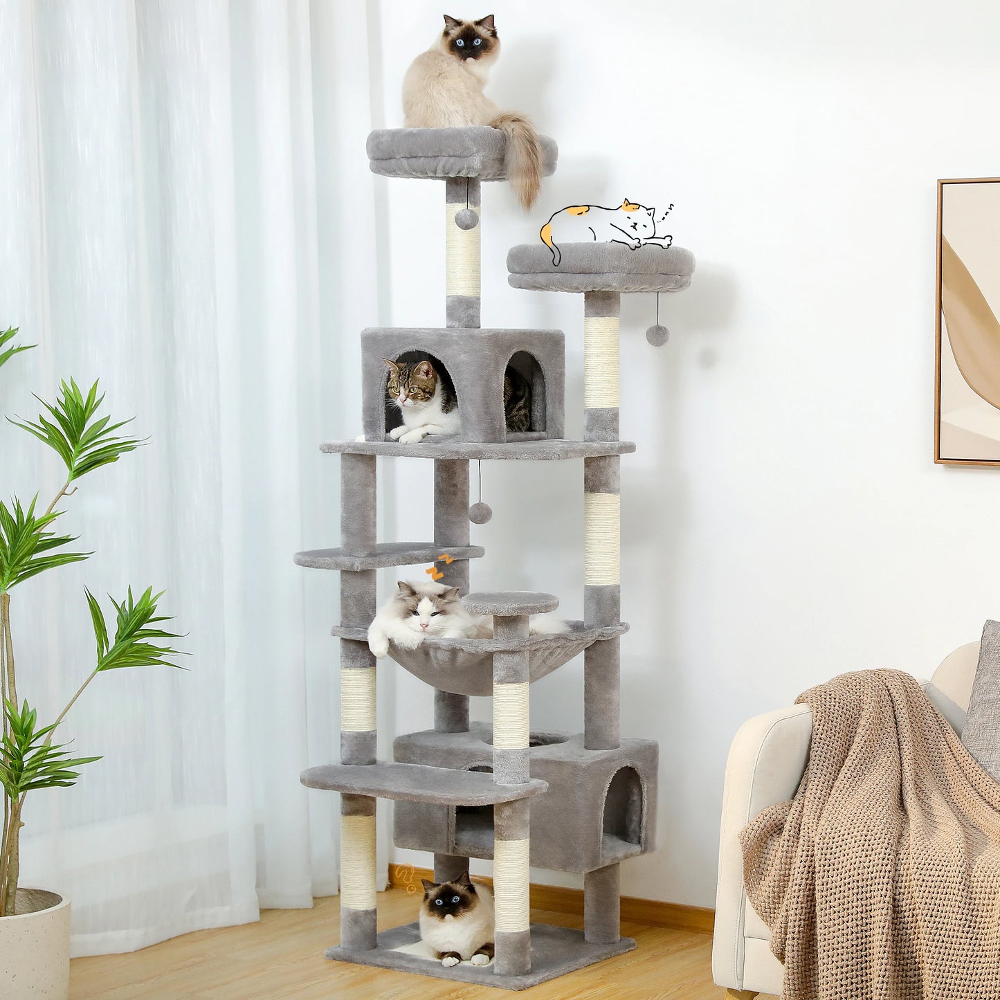 Large Multi-Level Cat Tree Tower - Sisal Scratching Posts & Hammock