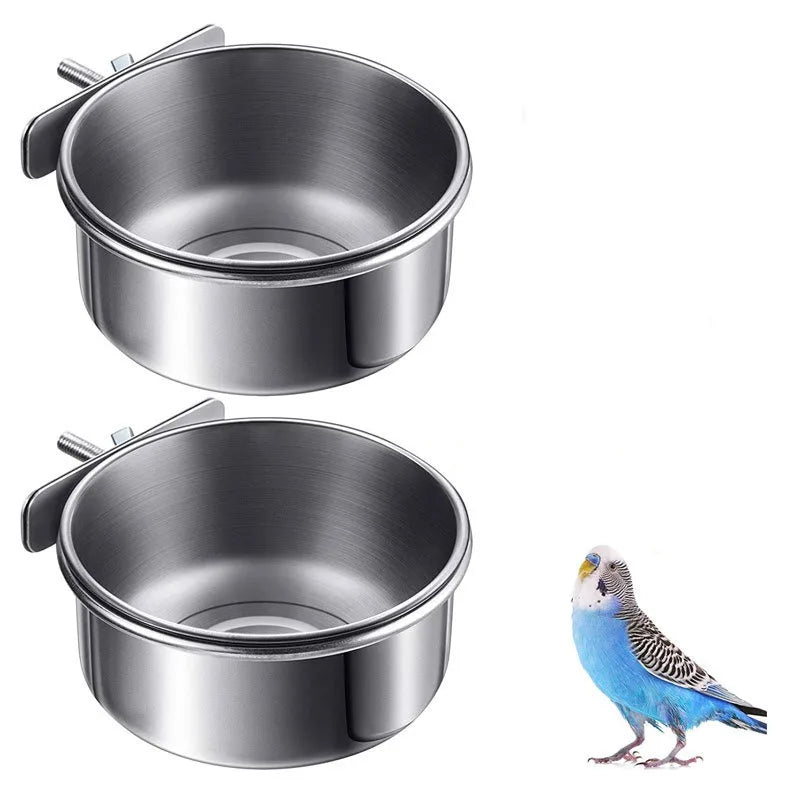 Stainless Steel Bird Food Bowl - Parrot Water Cup with Clamp Holder
