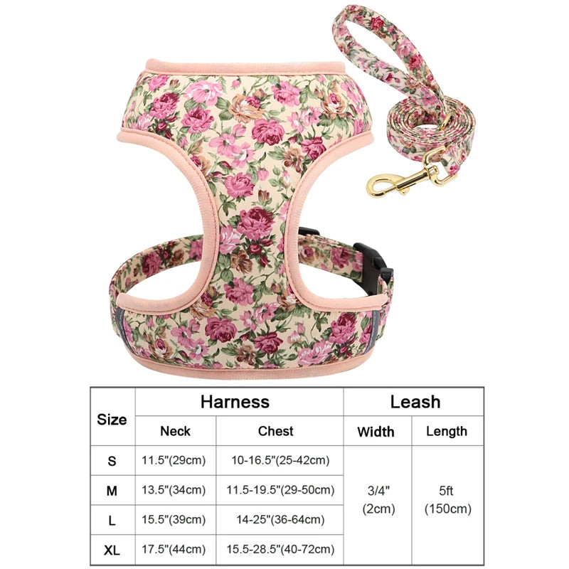 Floral Dog Harness & Leash Set - Adjustable Forest Print for All Dog Sizes