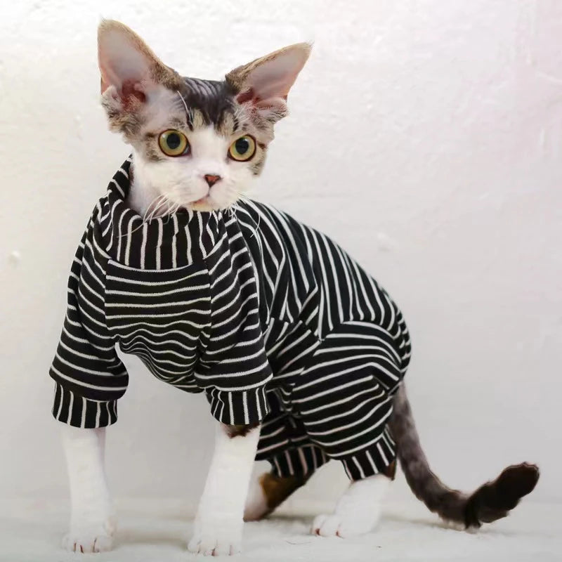 Sphynx Cat Striped Turtleneck Sweater - Warm Cotton Hoodie for Hairless Cats