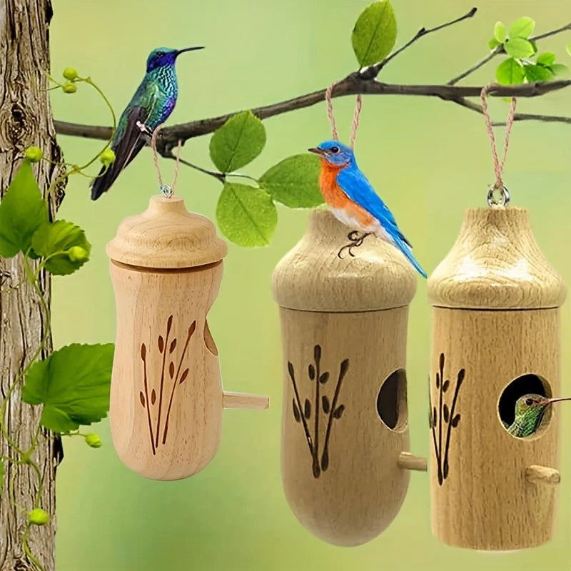 Wooden Hummingbird House - Decorative Mini Bird Nest for Garden & Patio