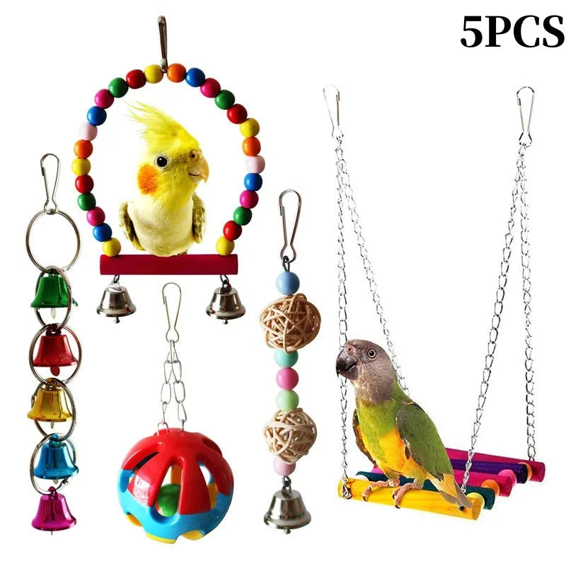 Colorful Wooden Parrot Swing with Bell - Cockatiel Training & Play Toy
