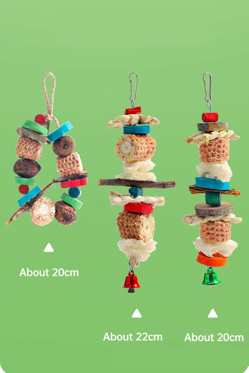 Natural Parrot Chewing Toy Set - Corn Cob, Loofah & Wood Combination