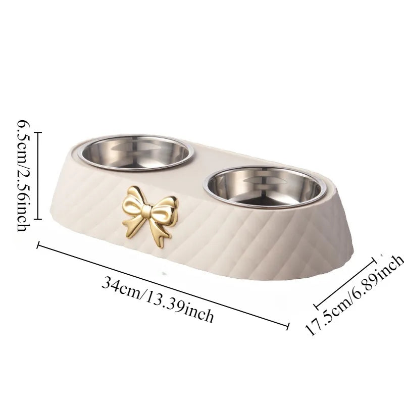 Double Pet Food Bowl with Bow Tie Design - Dog & Cat Feeding Station