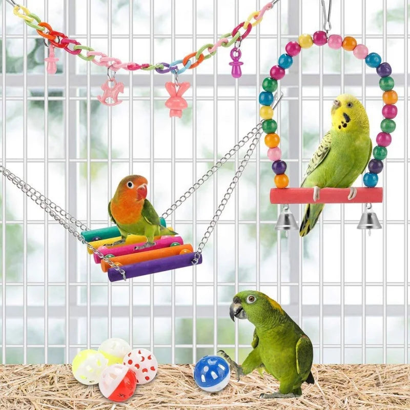 Colorful Wooden Parrot Swing with Bell - Cockatiel Training & Play Toy