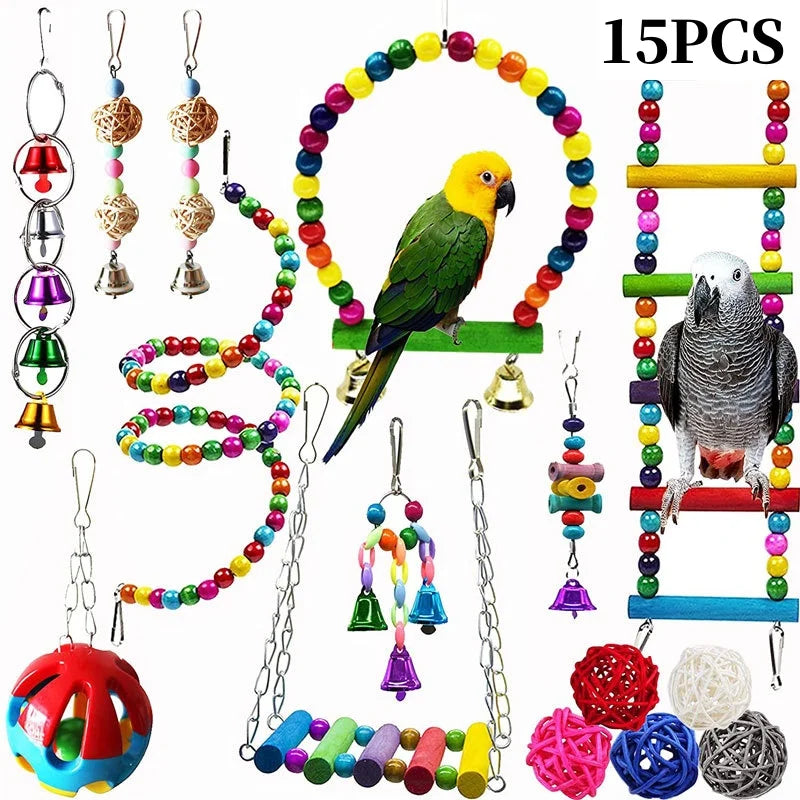 Colorful Wooden Parrot Swing with Bell - Cockatiel Training & Play Toy