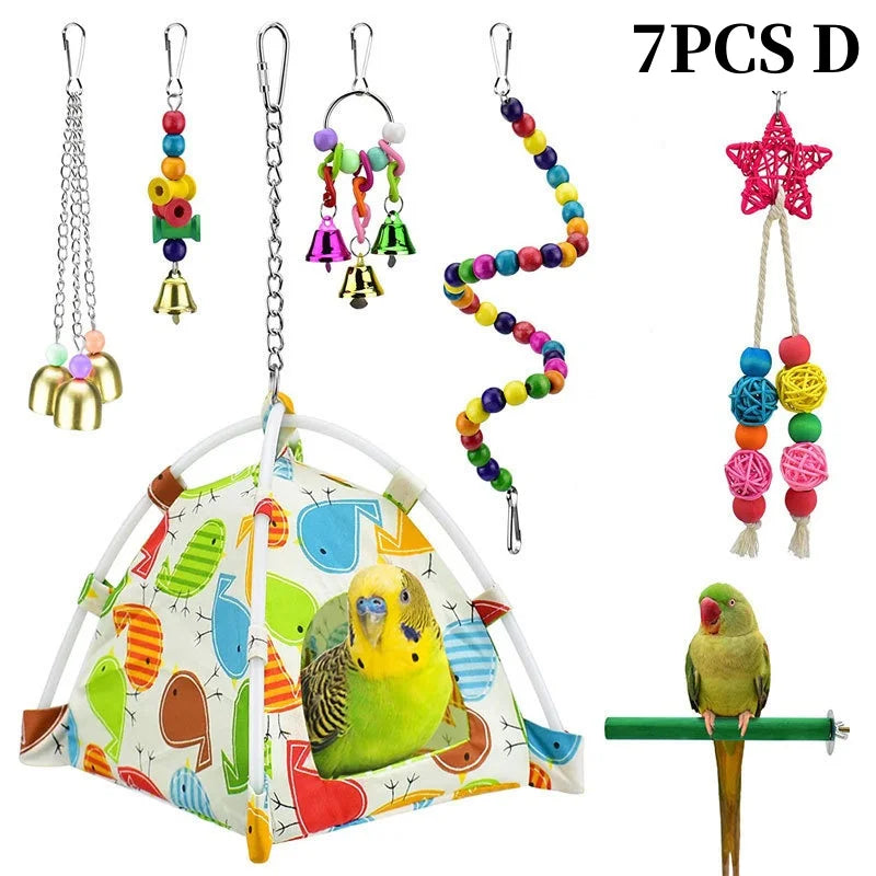 Colorful Wooden Parrot Swing with Bell - Cockatiel Training & Play Toy
