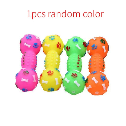 Paw Print Dumbbell Dog Chew Toy - Squeaky Teeth Cleaning Non-Toxic PVC