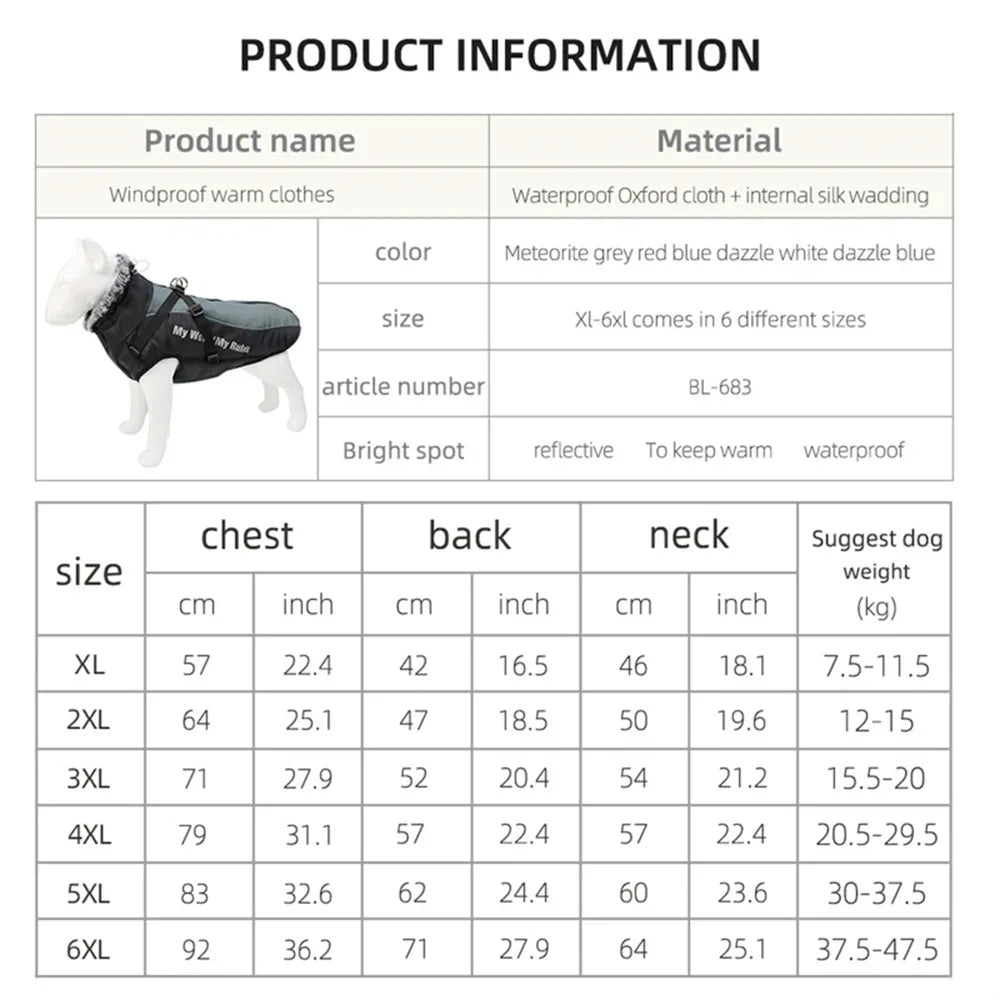 Winter Dog Coat with Fur Collar - Thick Jacket for Large Dogs (XL-6XL)