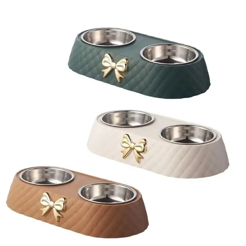Double Pet Food Bowl with Bow Tie Design - Dog & Cat Feeding Station