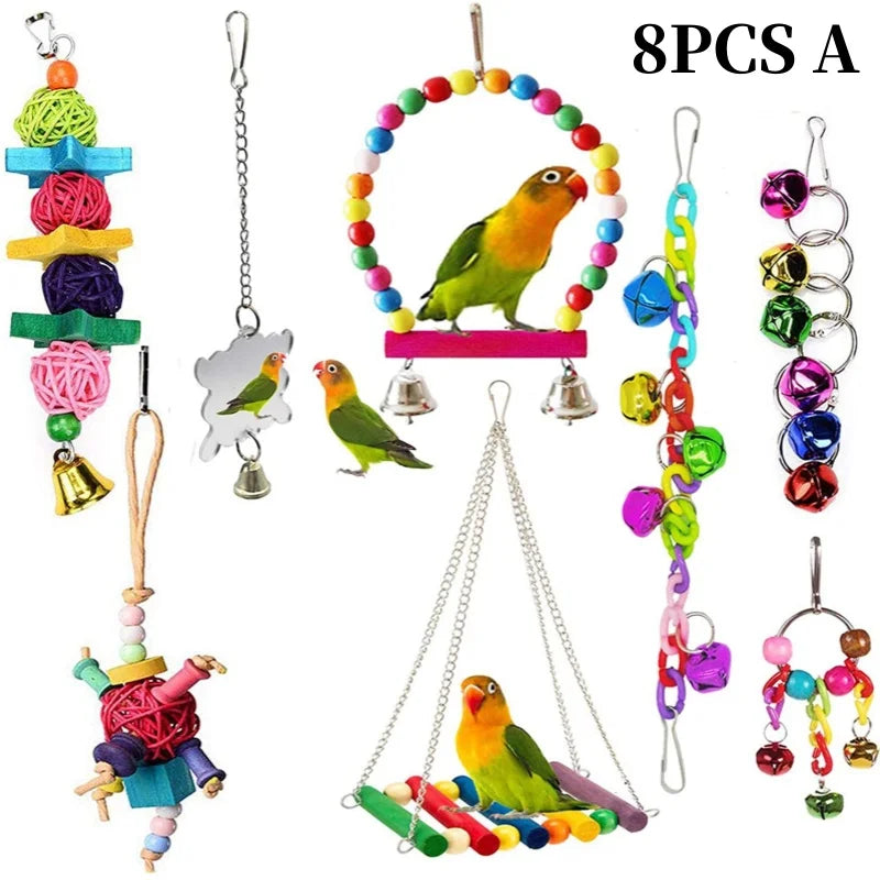 Colorful Wooden Parrot Swing with Bell - Cockatiel Training & Play Toy