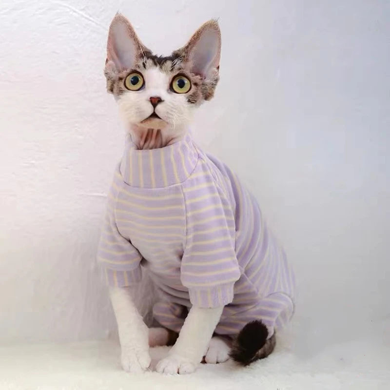 Sphynx Cat Striped Turtleneck Sweater - Warm Cotton Hoodie for Hairless Cats