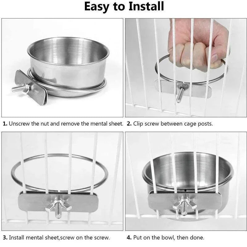 Stainless Steel Bird Food Bowl - Parrot Water Cup with Clamp Holder