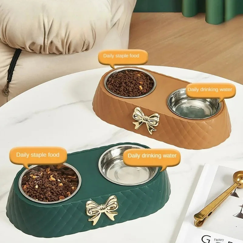 Double Pet Food Bowl with Bow Tie Design - Dog & Cat Feeding Station