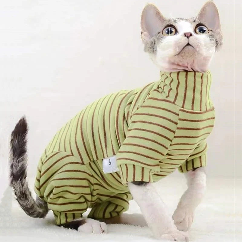 Sphynx Cat Striped Turtleneck Sweater - Warm Cotton Hoodie for Hairless Cats
