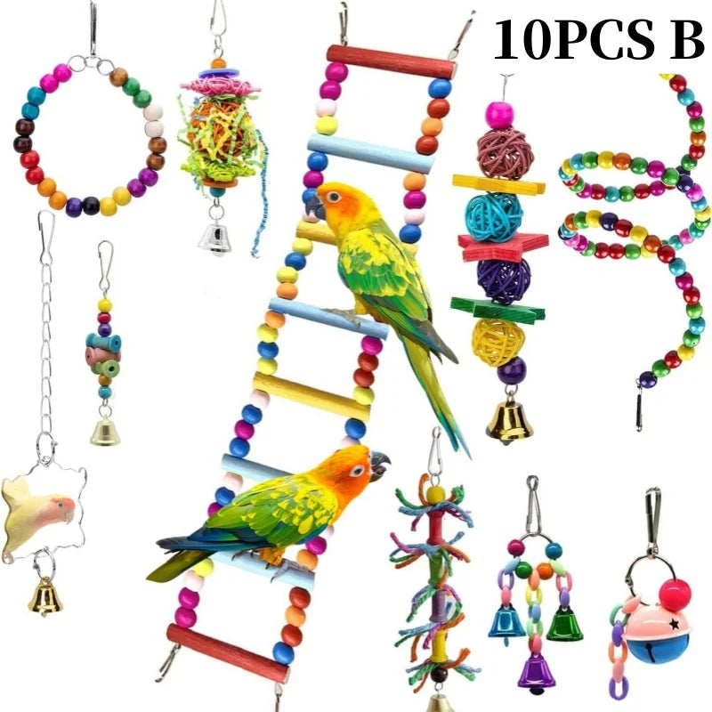 Colorful Wooden Parrot Swing with Bell - Cockatiel Training & Play Toy