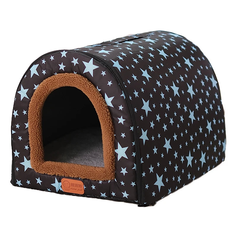 Warm Foldable Dog House with Star Print - Comfortable Kennel Mat