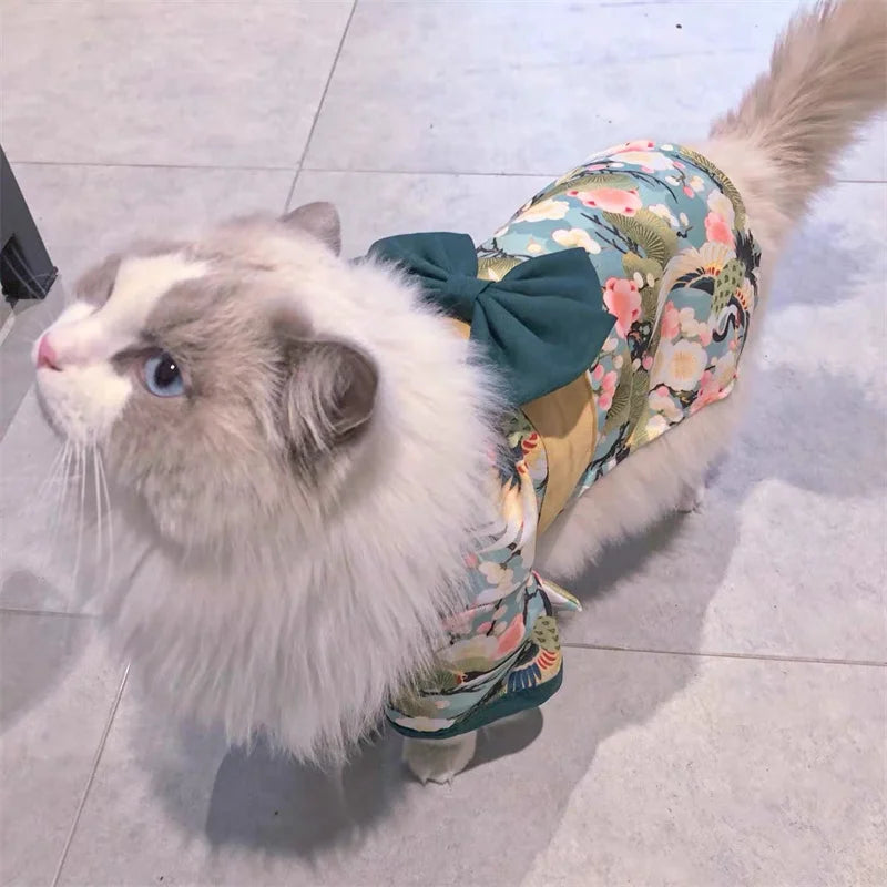 Japanese Kimono Cat Outfit - Summer Pet Coat with Bow-Knot for Cats & Dogs